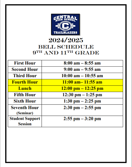 Class schedule for 9th and 11th